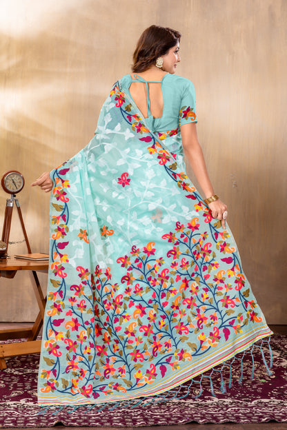Dhiyona GR Women's Suhani Sky Blue Cotton Jamdani Saree