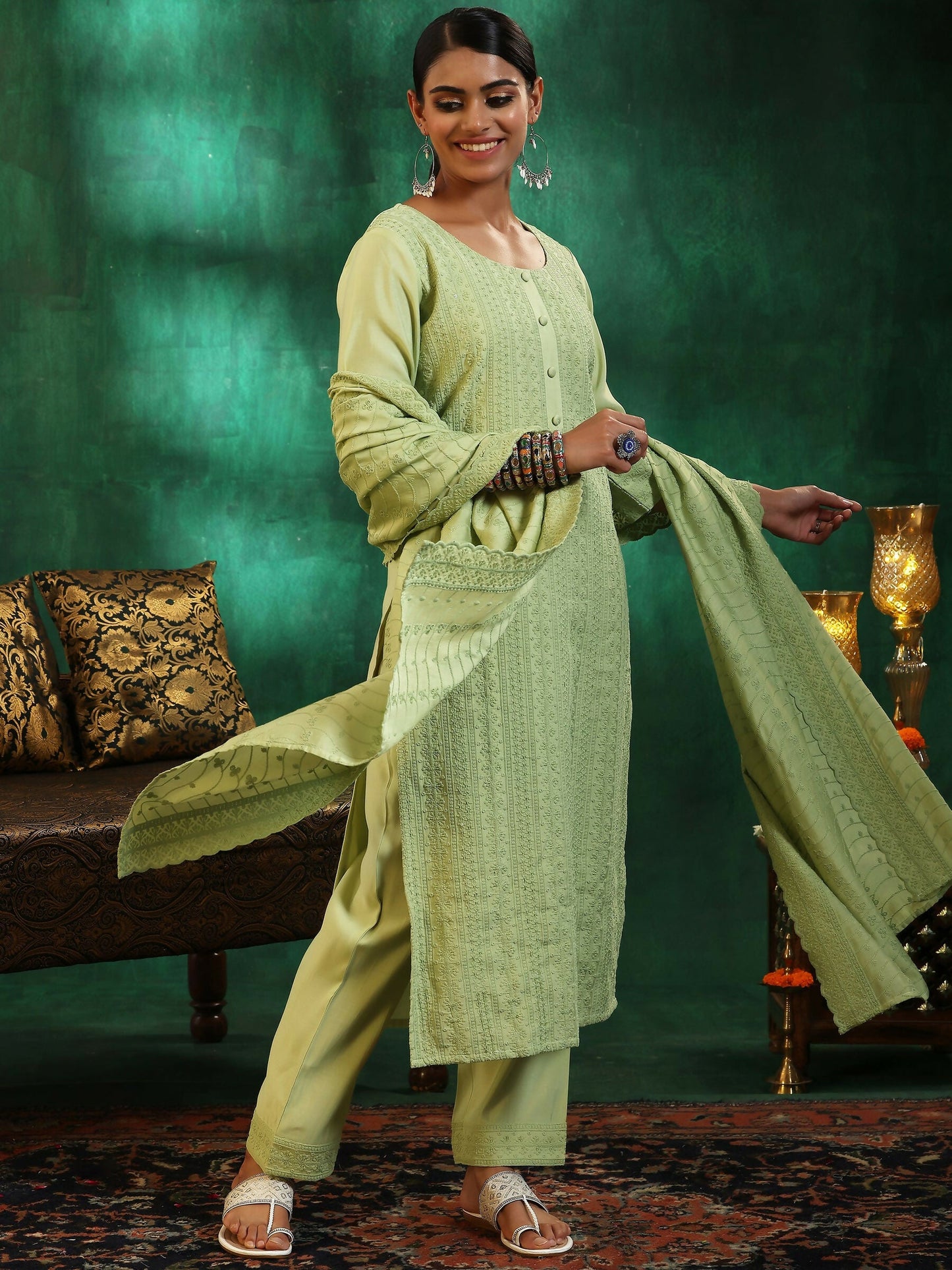 Women's LB Green Embroidered Silk Blend Straight Suit With Dupatta