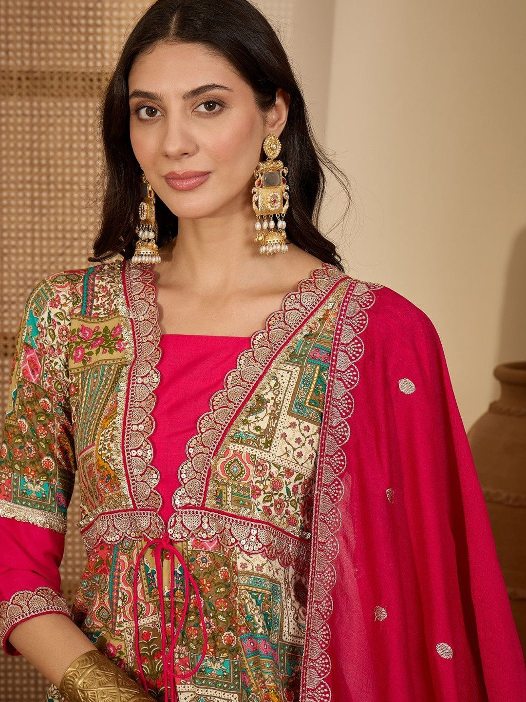 Embroidered V-Neck Anarkali Kurta & Palazzos With Dupatta