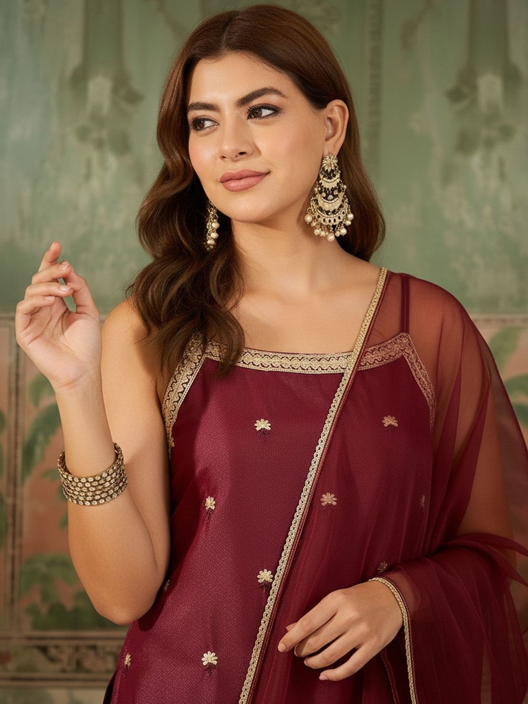 Embroidered Round Neck Kurta & Palazzos With Dupatta