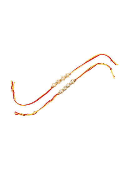 Dhiyona Men Set Of 2 Multicolor Kundan Thread Rakhi With Roli Chawal Chandan Mishri
