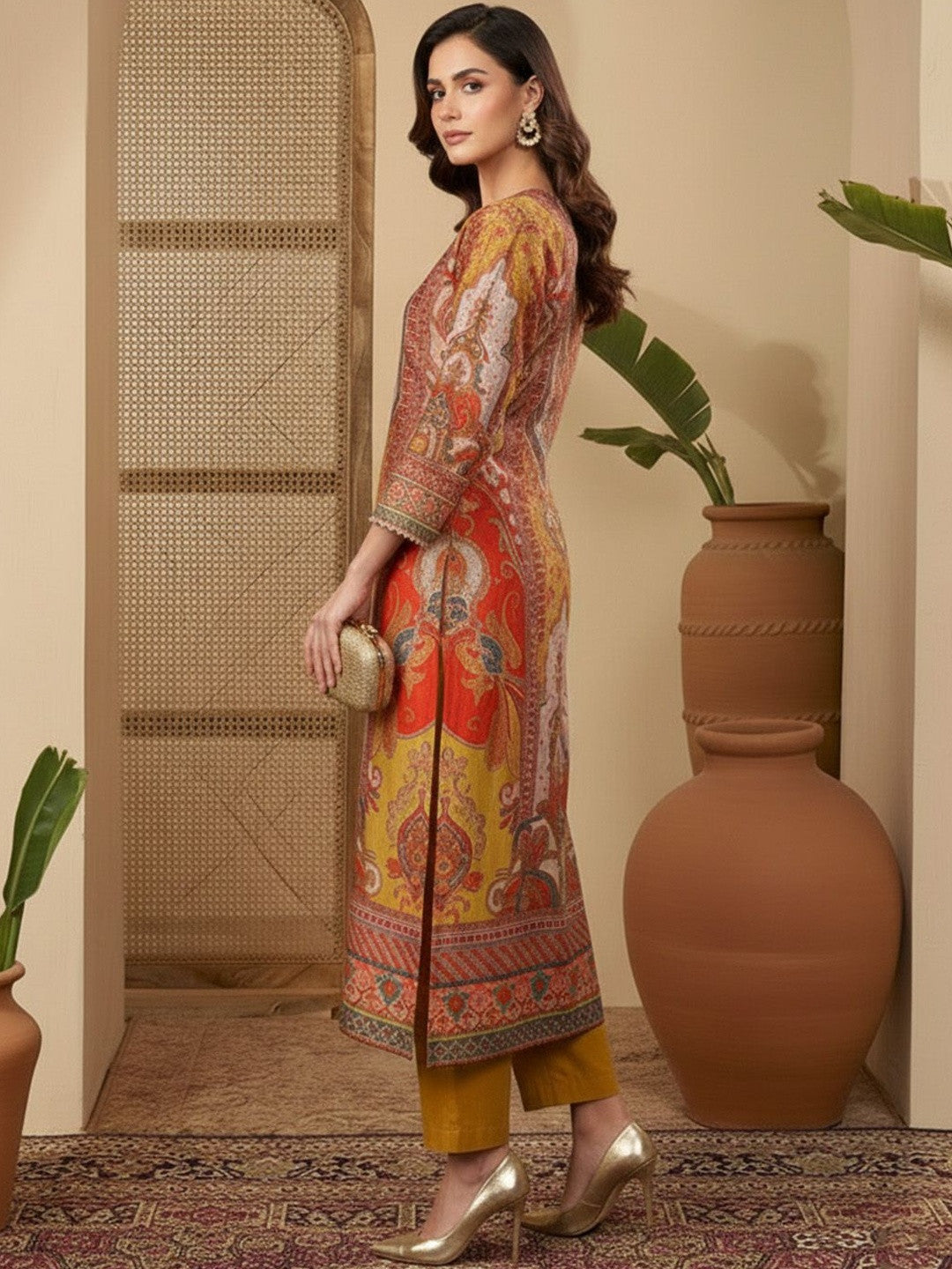 Printed V-Neck Kurta & Trousers