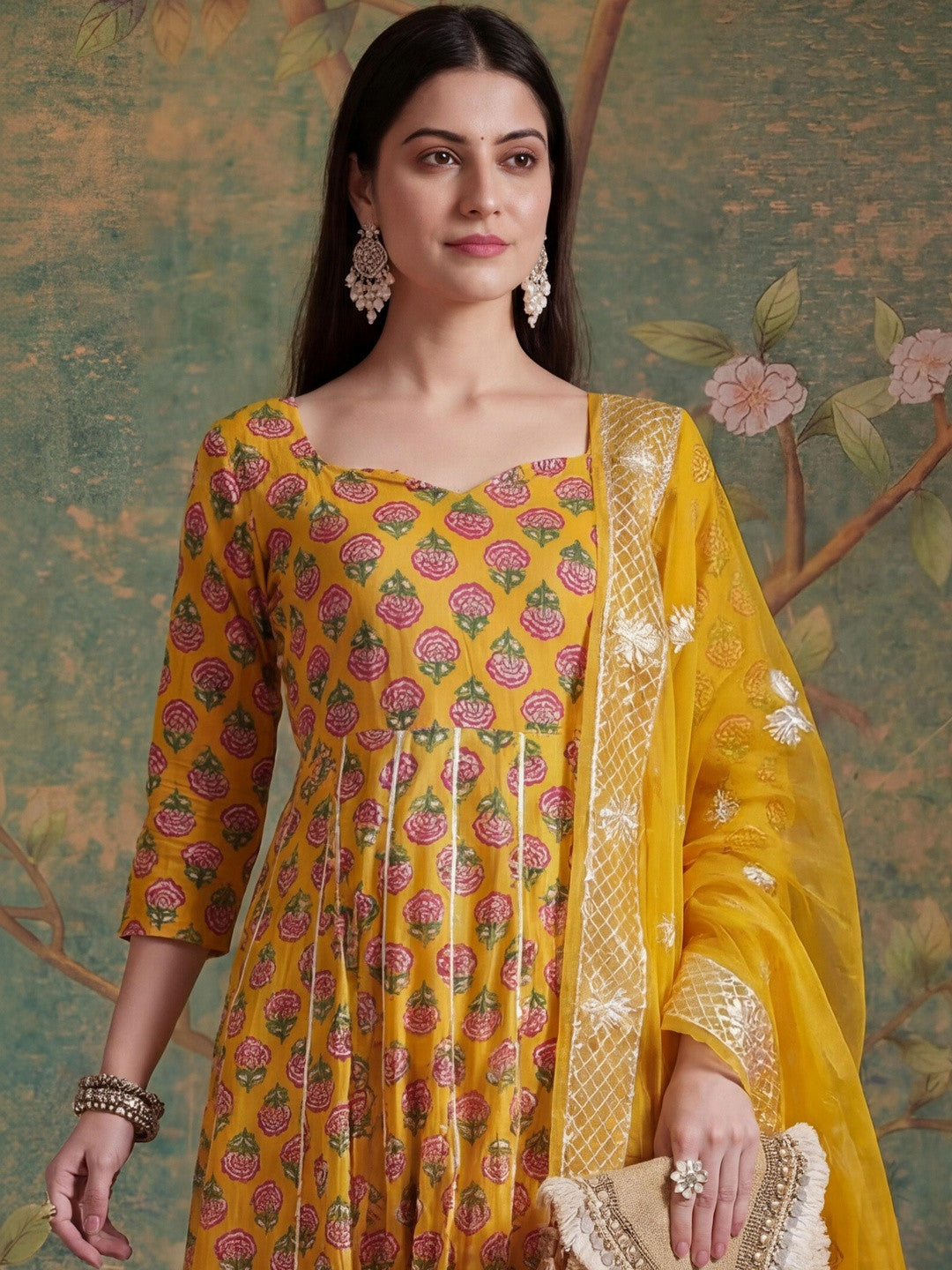 Embroidered Pure Cotton Sweetheart Neck Kurta & Trousers With Dupatta