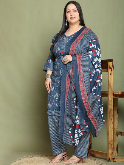 Dhiyona KL Women Plus Size Floral Printed Kurti with Salwar & Dupatta