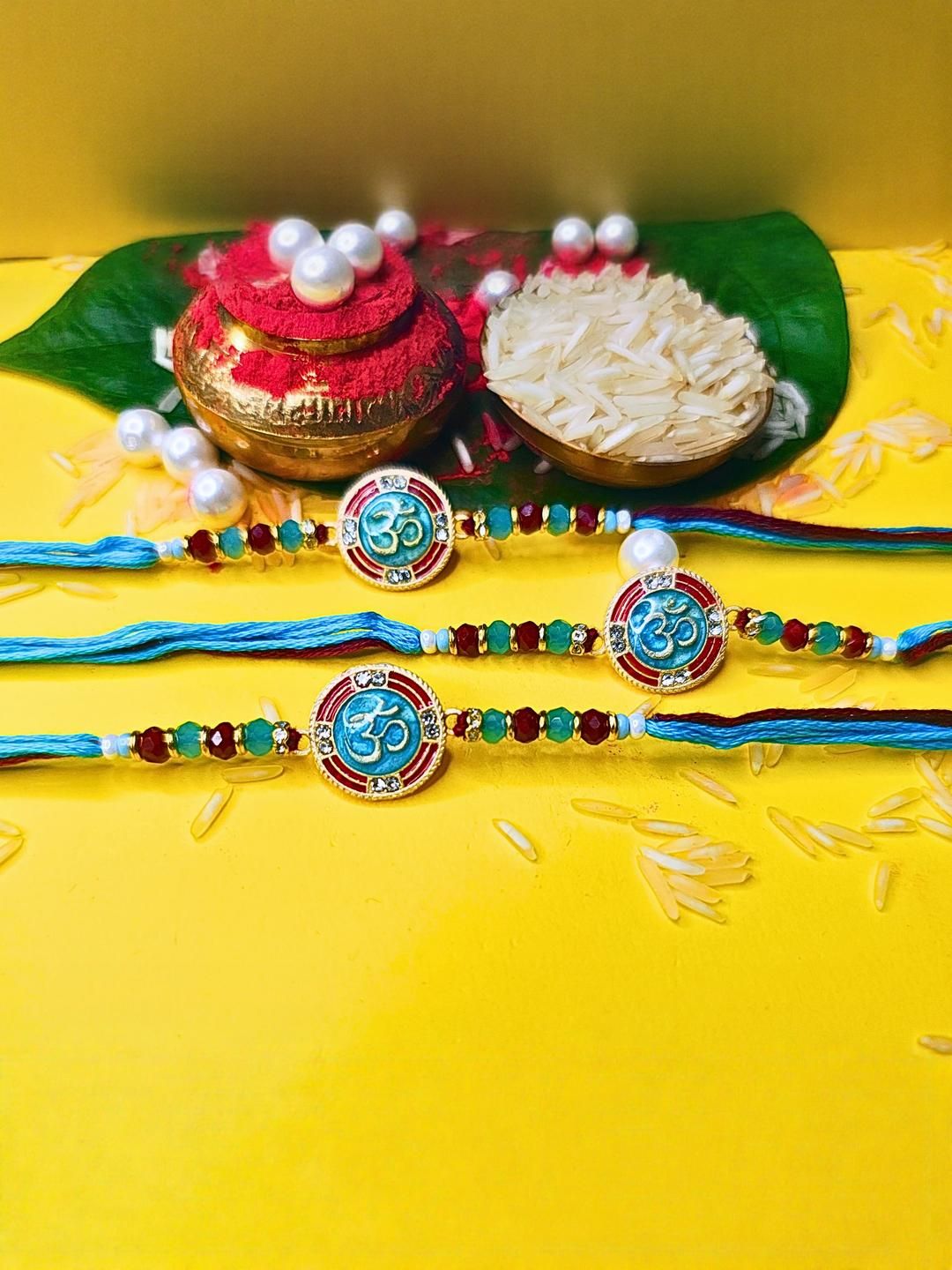 Dhiyona Set Of 3 Beaded Cotton Thread with AD Stones & Meenakari Designer Rakhi for Brother