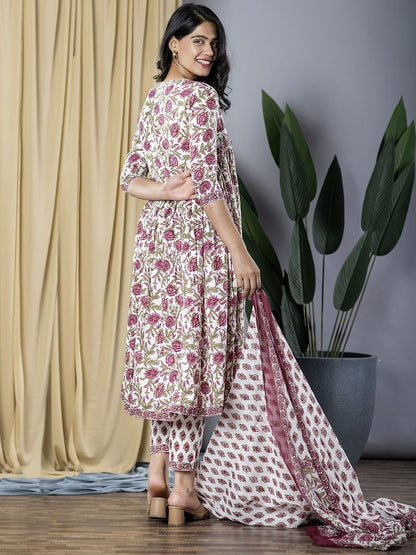 Dhiyona KL Floral Printed Empire Pure Cotton Kurta with Trouser & Dupatta