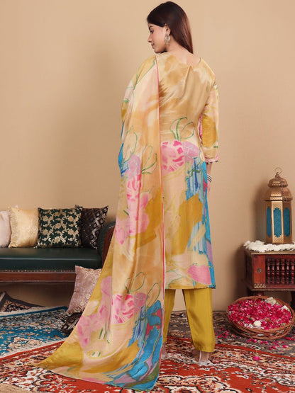Dhiyona VA Floral Embroidered Pure Silk Straight Kurta with Palazzos & With Dupatta
