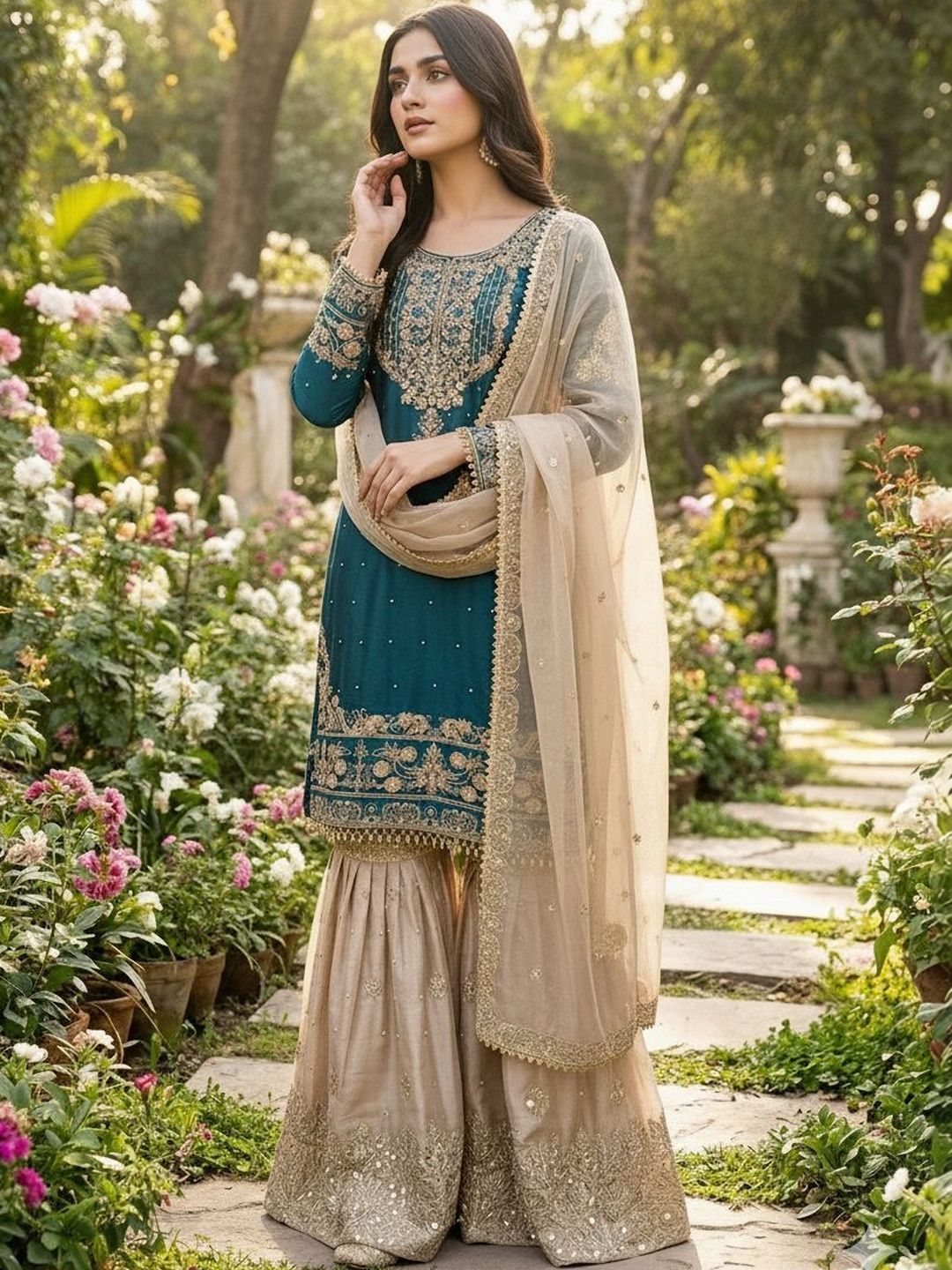 Dhiyona KL Women Floral Embroidered Regular Thread Work Kurta with Sharara & With Dupatta