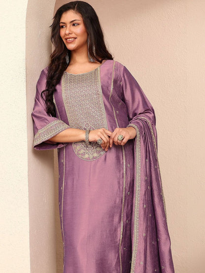 Dhiyona Women's Ethnic Motifs Embroidered Regular Thread Work Kurta with Palazzos & With Dupatta