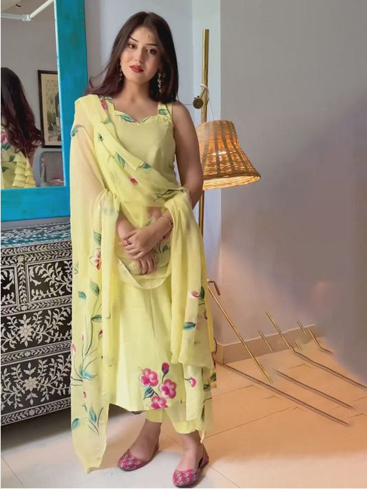 Dhiyona KL Floral Printed Sweetheart Neck Straight Kurta With Trousers And Dupatta