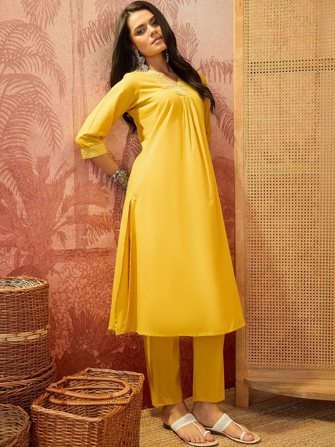 Women Regular Thread Work Pure Cotton Kurta with Trousers