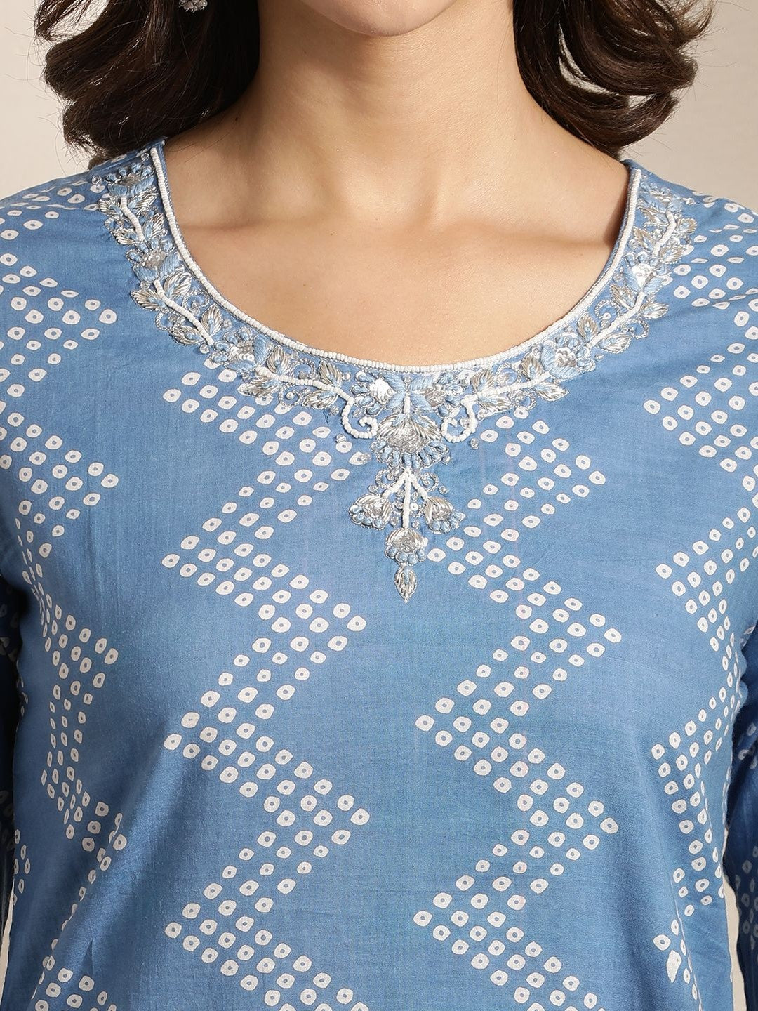 Bandhani Printed Beads And Stones Pure Cotton Kurta With Trousers & Dupatta