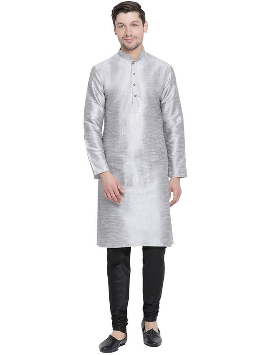 Men's Grey Silk Blend Straight Kurta Pyjama Set