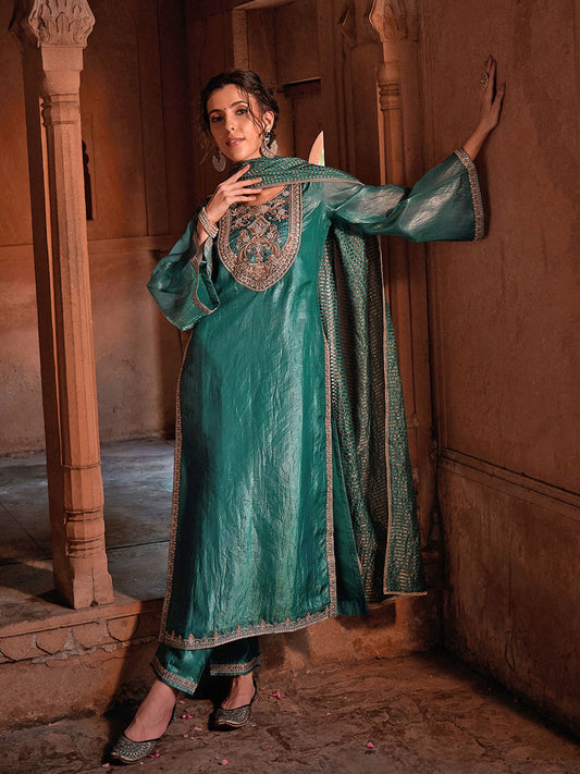 Dhiyona CH Women Embroidered Sequinned Kurta with Trousers & Dupatta