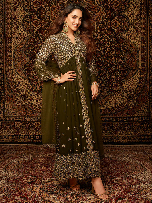 Women's LB Chandni Olive Embroidered Georgette A-Line Kurta With Trousers & Dupatta