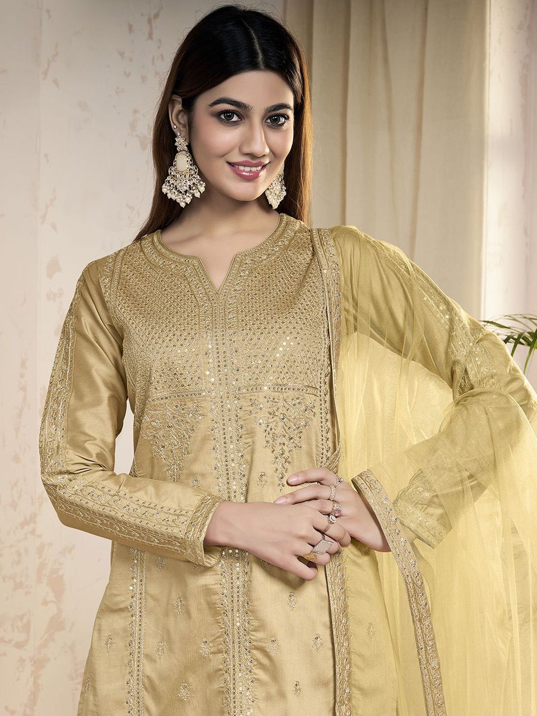 Dhiyona IN Ethnic Motifs Embroidered Sequinned Straight Kurti With Sharara And Dupatta
