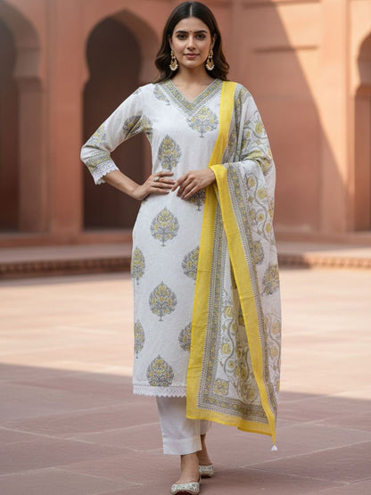 Ethnic Motifs Printed Regular Pure Cotton Straight Kurta With Trousers & Dupatta
