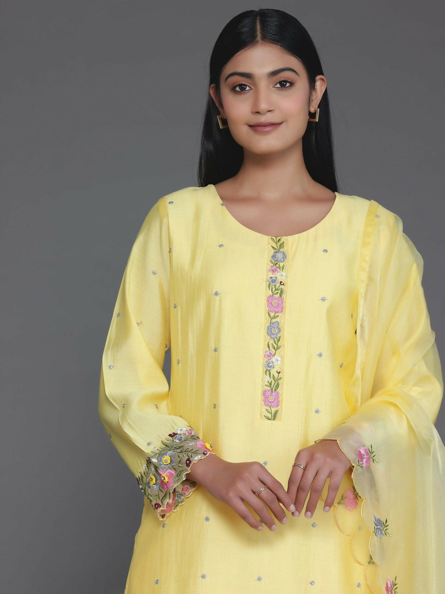 Women's LB Yellow Embroidered Silk Blend Straight Suit With Dupatta