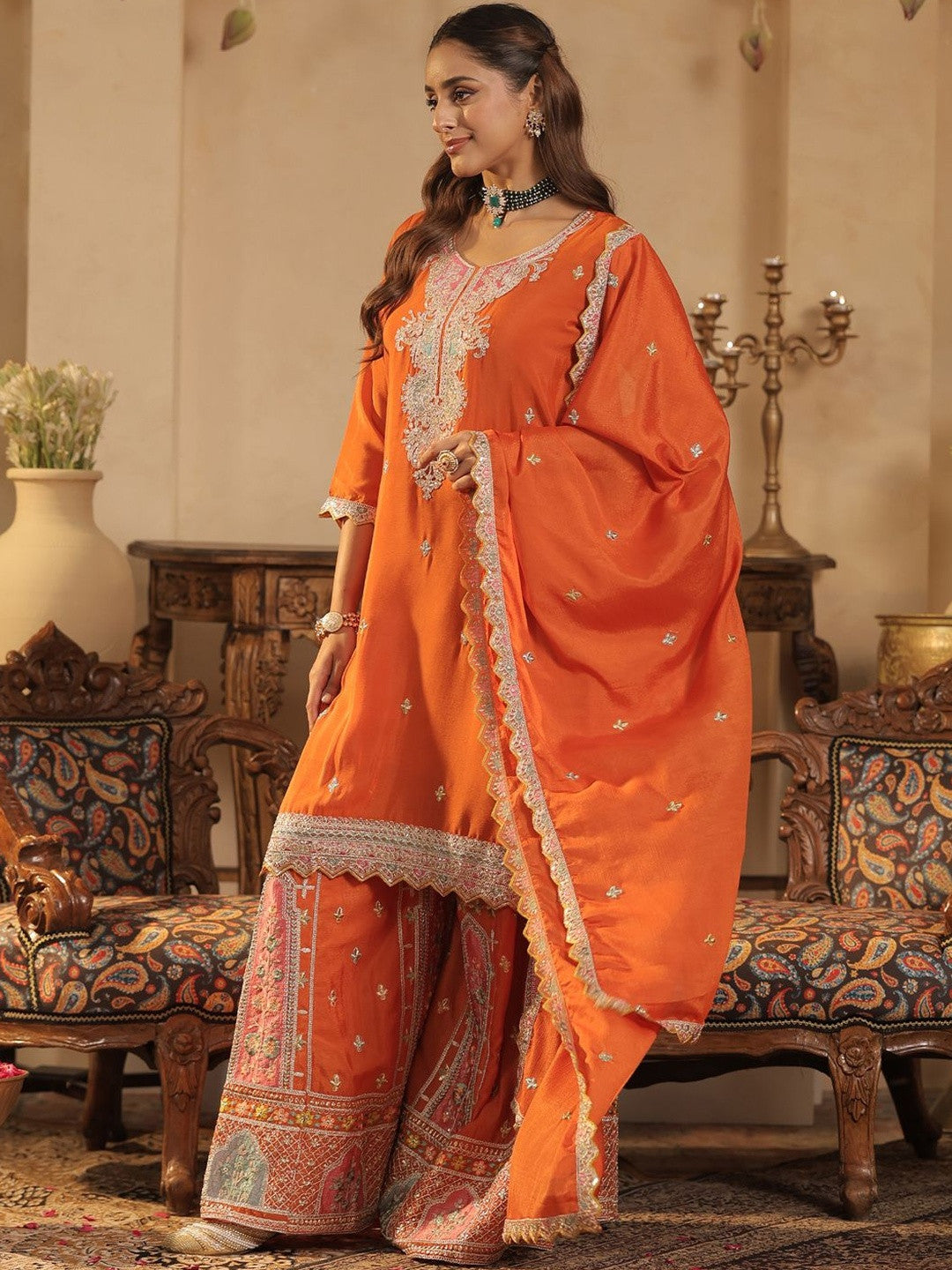 Women Ethnic Motifs Embroidered Sequinned Kurta with Palazzos & Dupatta