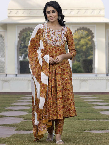 Dhiyona KL Floral Printed Thread Work Pure Cotton Anarkali Kurta With Trouser & Dupatta