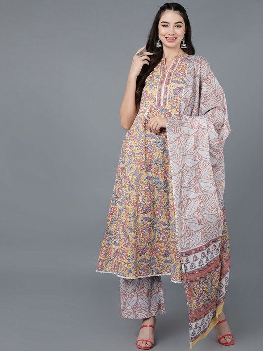 Dhiyona KL Floral Printed Empire Mandarin Collar Pure Cotton Kurta With Palazzos & Dupatta