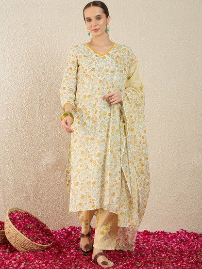 Floral Printed Pure Cotton Straight Kurta With Trousers & Dupatta