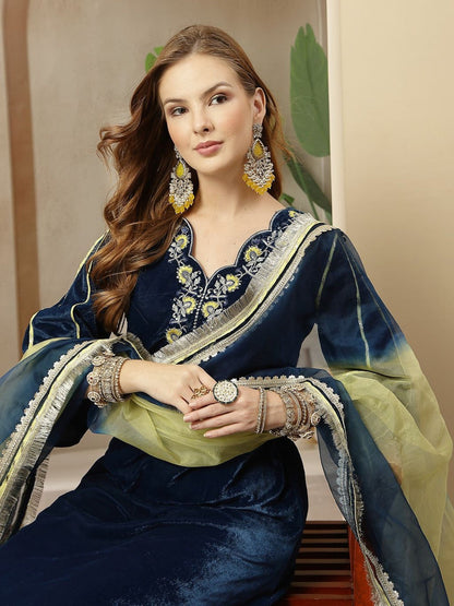Embroidered A-Line Kurta With Trousers & Dupatta