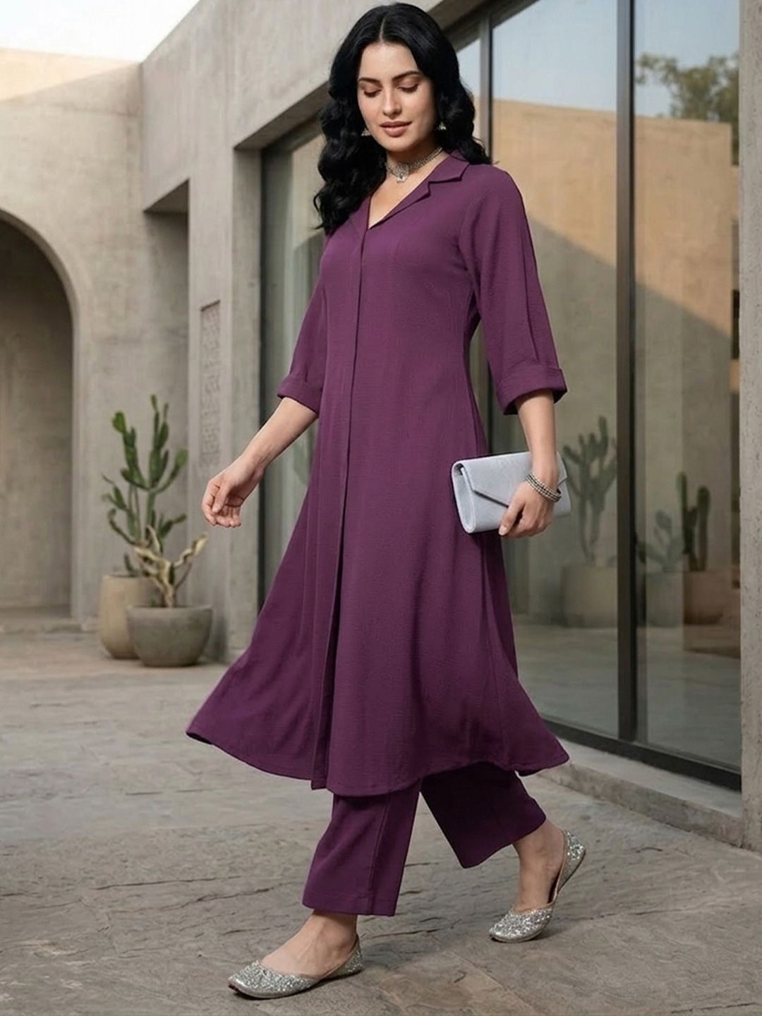 Mauve Notched Lapel Collar Tunic With Trouser Co-Ords