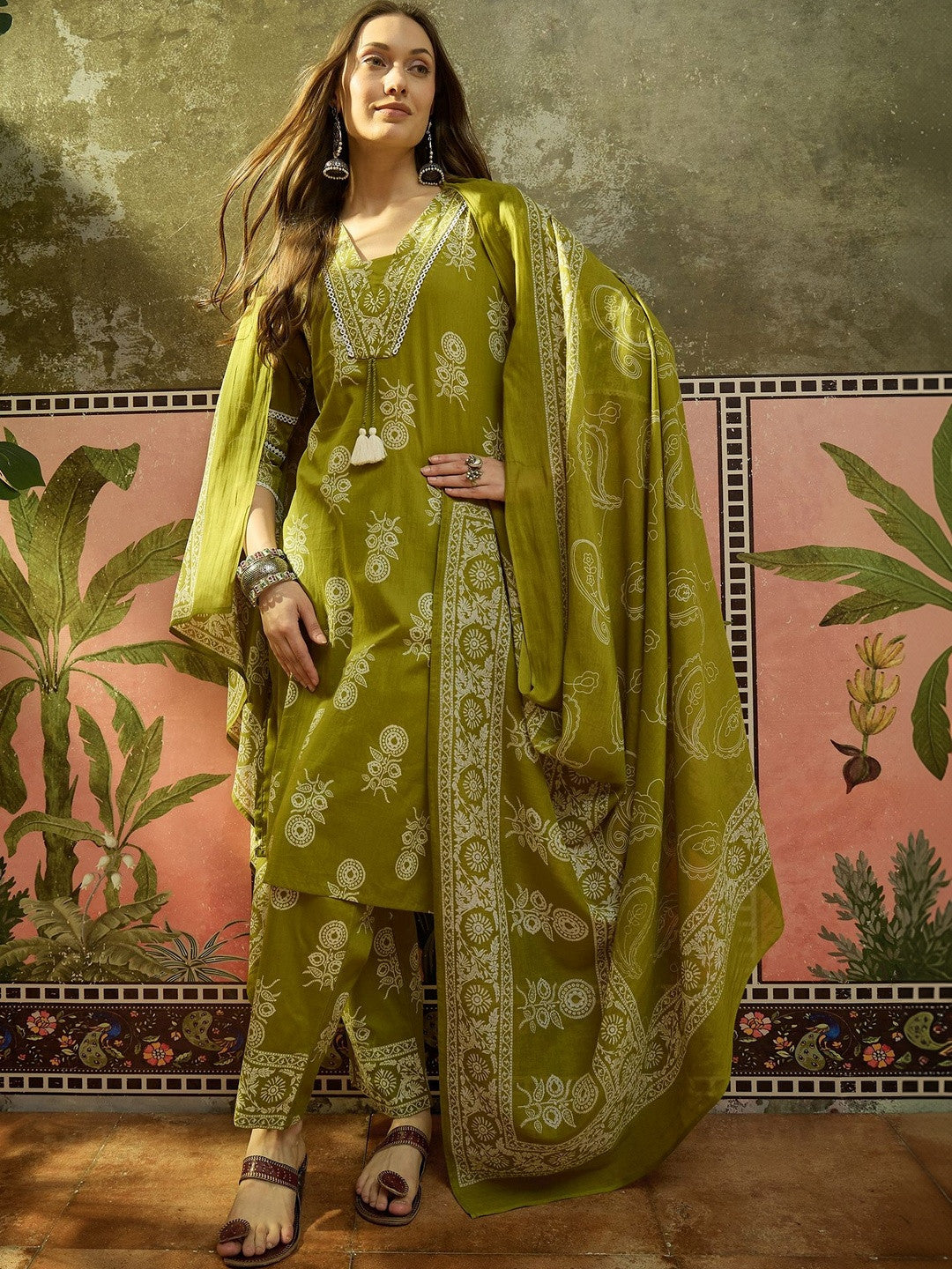 Embroidered Pure Cotton V-Neck Top & Trousers With Dupatta