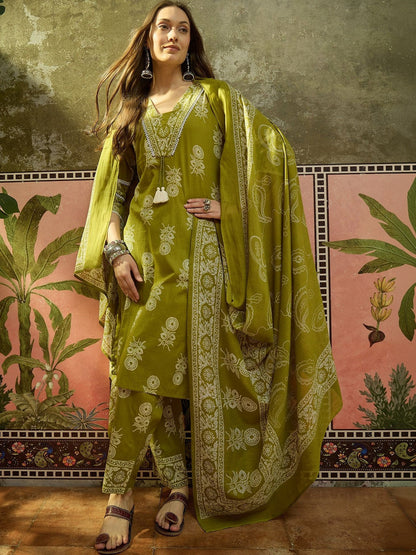 Embroidered Pure Cotton V-Neck Top & Trousers With Dupatta