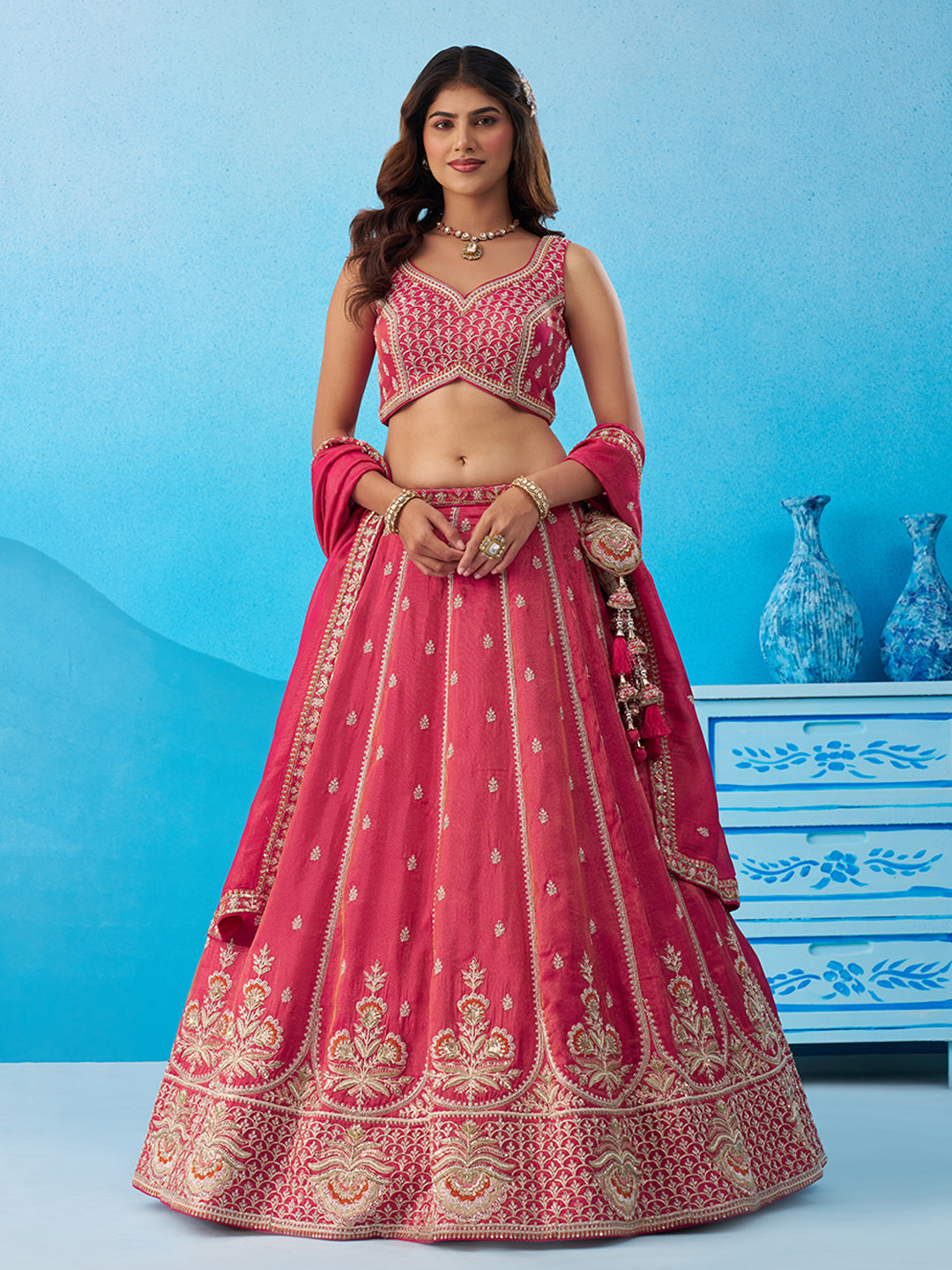 Pink- Tissue Beads & Sequins Embroidered Semi-Stitched Lehenga & Unstitched Blouse With Dupatta