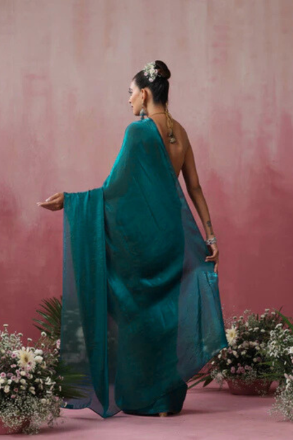 Dhiyona ST Green Metallic Satin Saree with Pendants and Blouse Fabric