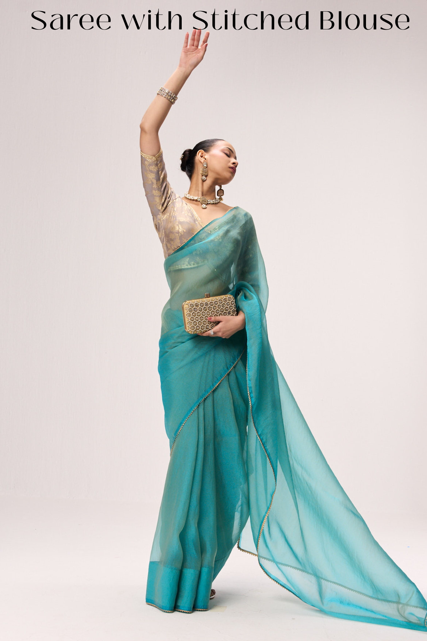 Dhiyona ST With Readymade Blouse - Aqua Blue Gold Chiffon Saree with Sabya Grey Gold Jacquard Readymade Blouse