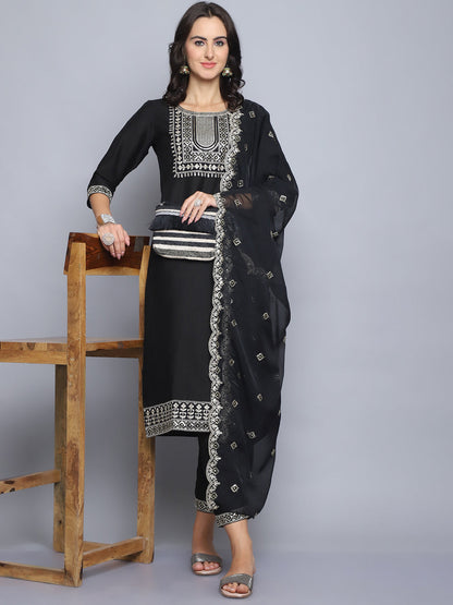 Women Black Embroidery silk Kurta And Pant Set With Dupatta