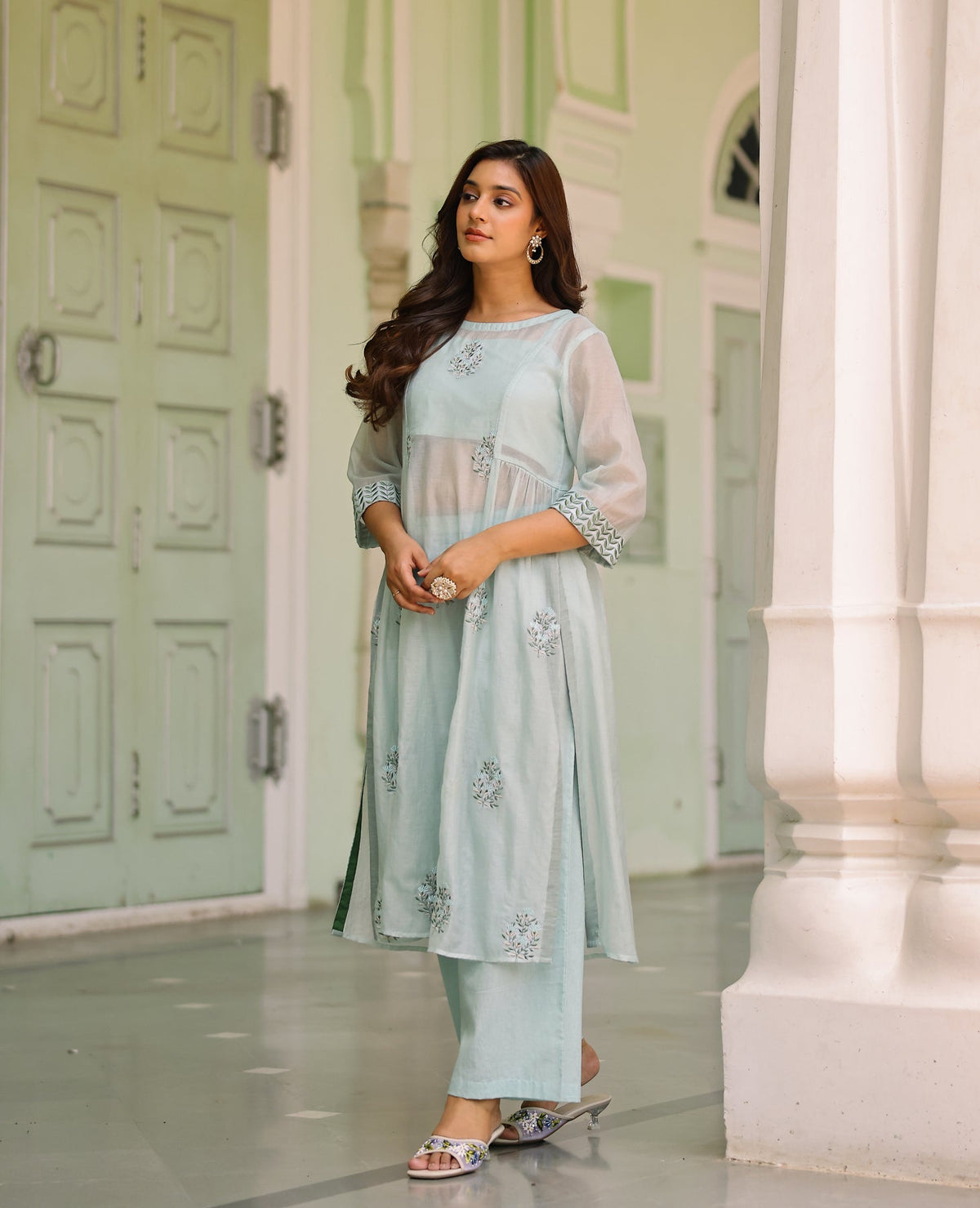 Mehrab Light Blue Mul Chanderi Kurta Set