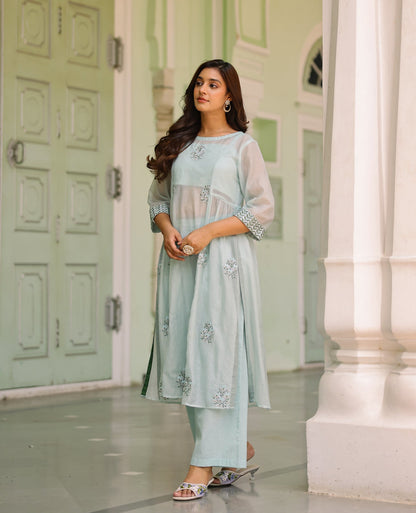 Mehrab Light Blue Mul Chanderi Kurta Set