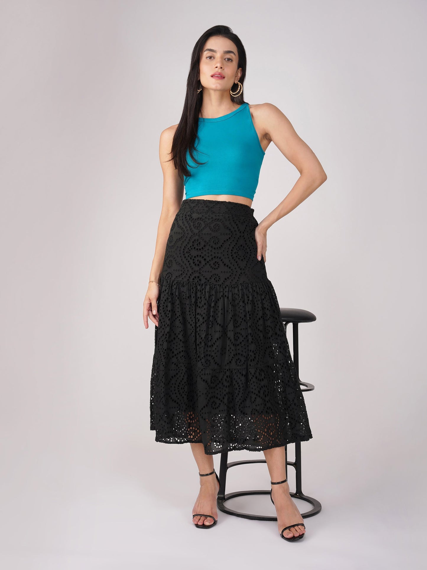 Dhiyona ST Women's Stretchy Knitted Halter Neck Turquoise Crop Top