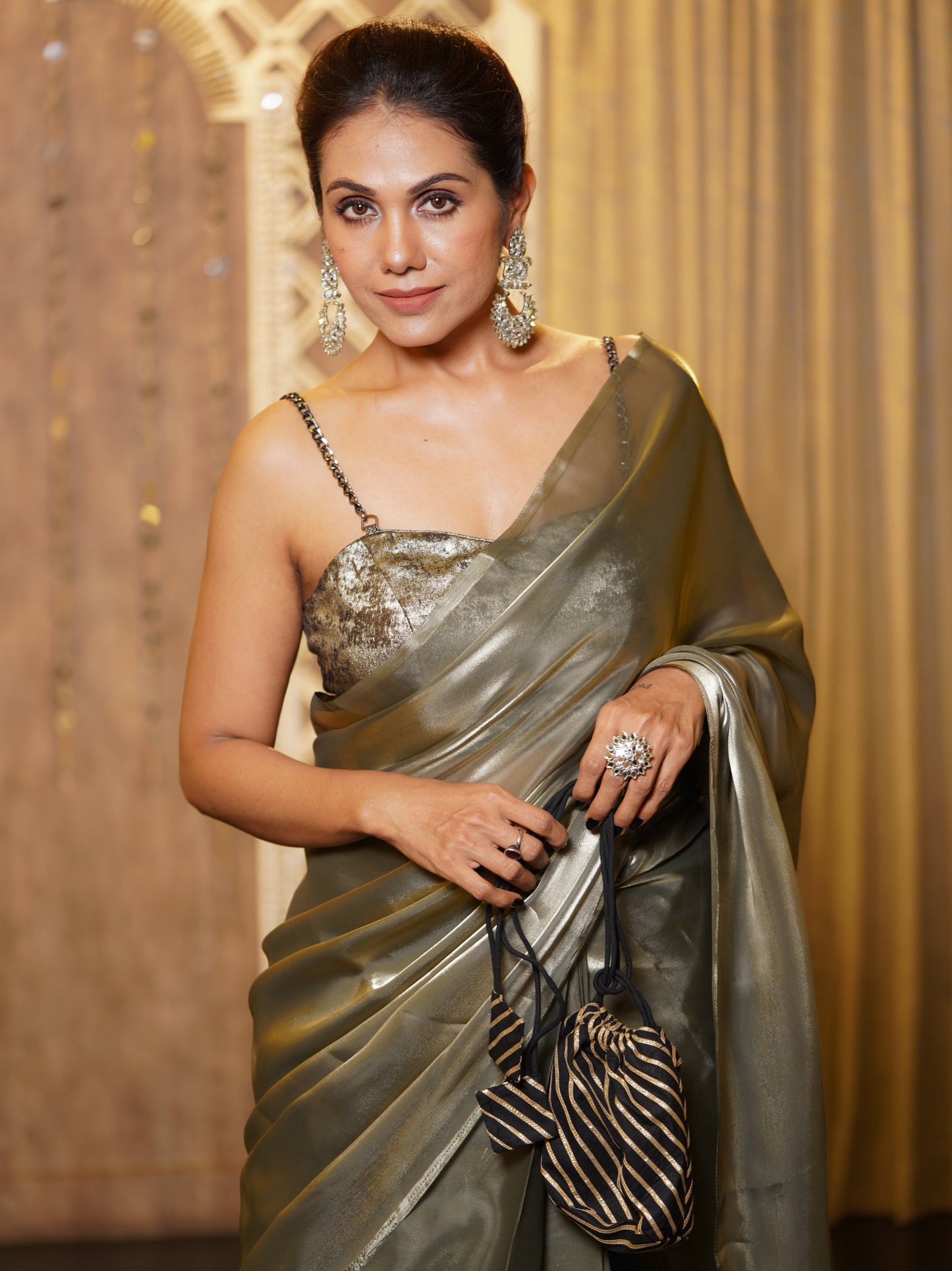 Dhiyona ST Pre-Draped 1-Minute Liquid Gold Organza Saree with Big Diamonds and Blouse Fabric