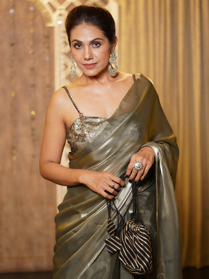 Dhiyona ST Pre-Draped 1-Minute Liquid Gold Organza Saree with Big Diamonds and Blouse Fabric