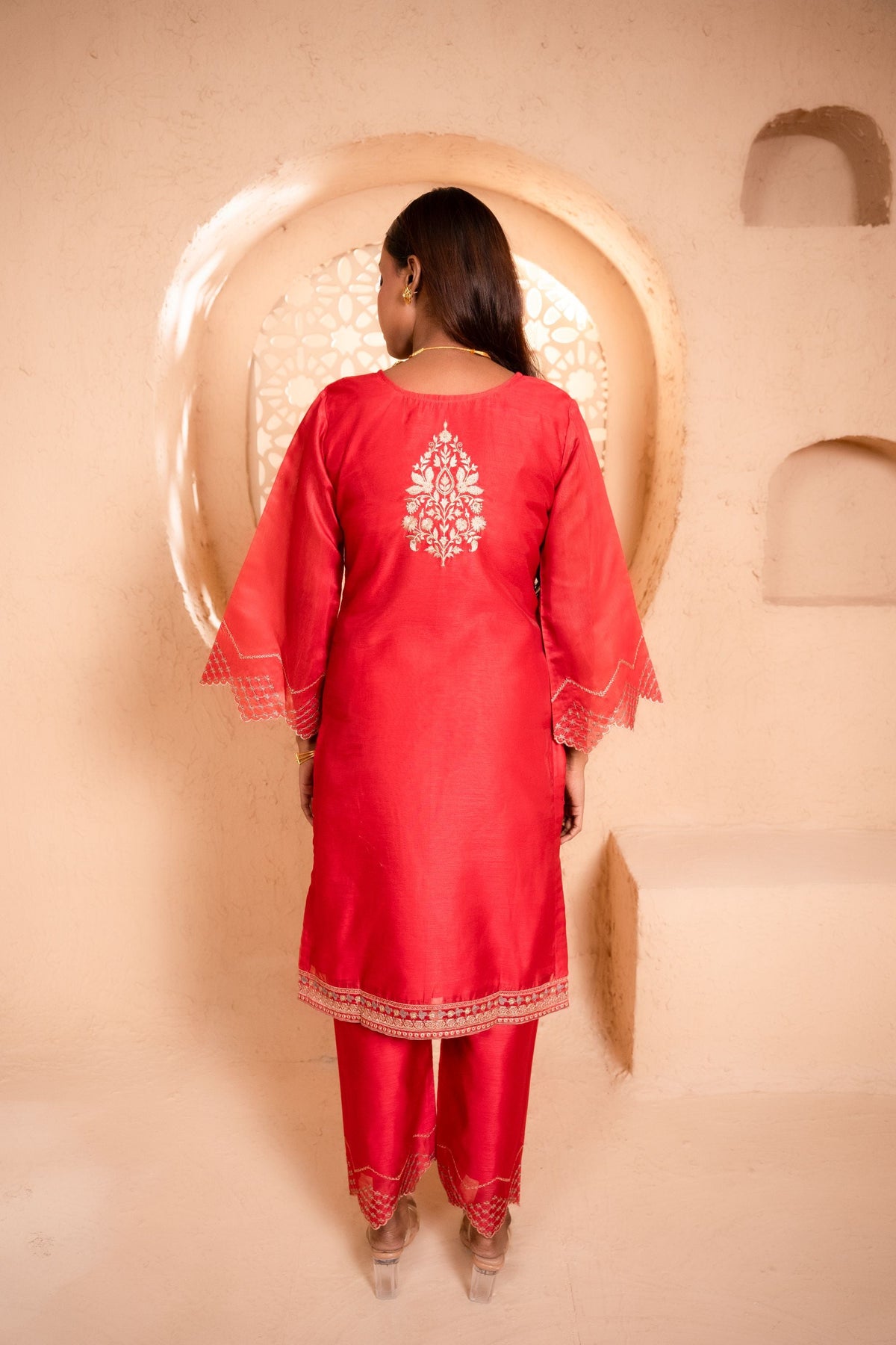 Sanjh Chanderi Embroidered Red  Suit Set