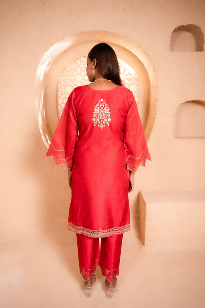Sanjh Chanderi Embroidered Red  Suit Set