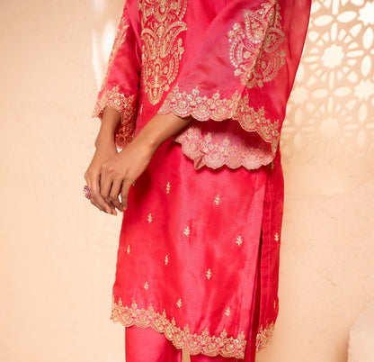 Khwaab Chanderi Embroidered Bright Pink  Suit Set