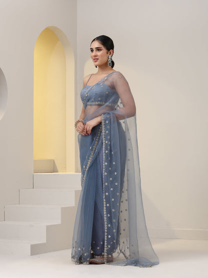 Dhiyona ST Blue Cloud Hand Embroidered Saree with Blouse Fabric