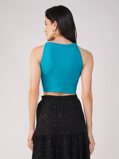 Dhiyona ST Women's Stretchy Knitted Halter Neck Turquoise Crop Top