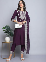 Women's Wine Embroidery  silk  Kurta, Pant And Dupatta Set