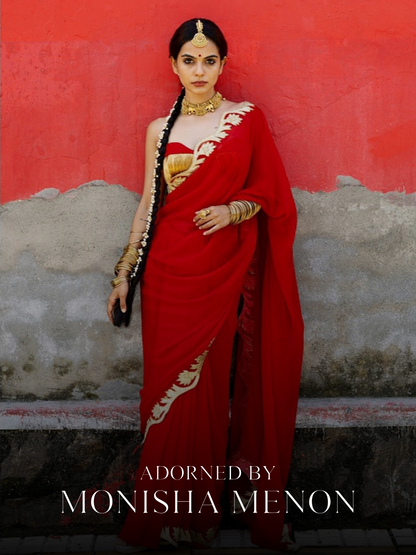 Dhiyona ST Glamazing Red Gold Embroidered Saree with Blouse Fabric