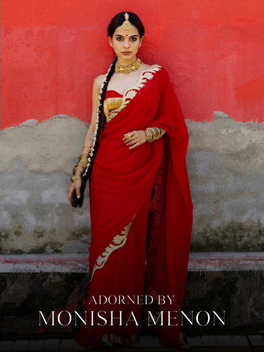 Dhiyona ST Glamazing Red Gold Embroidered Saree with Blouse Fabric