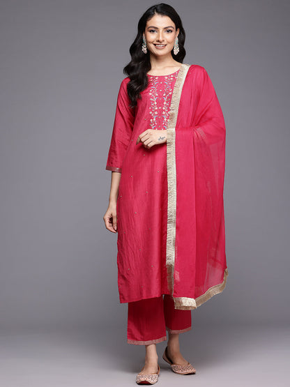 Dhiyona VR Women's Fuchsia Thread And Zari Embroidered Sequins Embellished Kurta Set With Dupatta