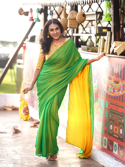 Dhiyona ST Pre-Draped 1-Minute Enchanting Green Georgette And Yellow Satin Saree with Blouse Fabric