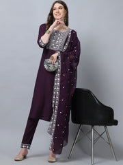 Women's Wine Embroidery  silk  Kurta, Pant And Dupatta Set
